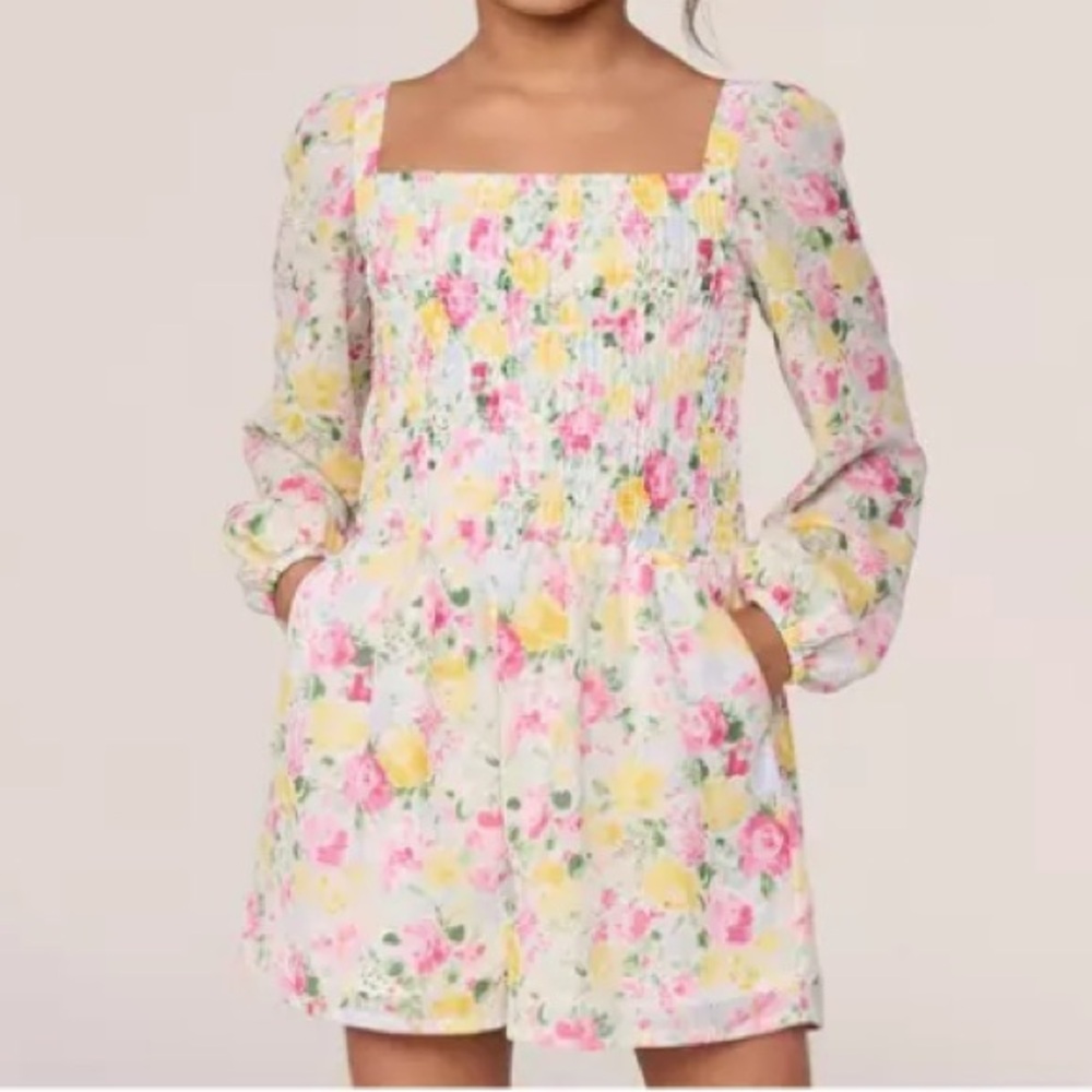 Janie and Jack The Emma Floral Smocked Chiffon Romper w/ Bishop Sleeves
